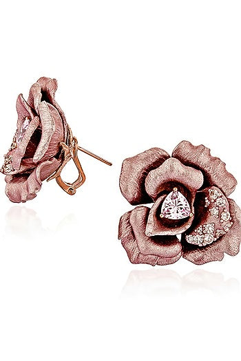 Rose Gold Finish Cubic Zirconia & Pink Stone Floral Stud Earrings In Sterling Silver