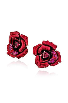 Gold Finish Cubic Zirconia & Red Stone Floral Stud Earrings In Sterling Silver