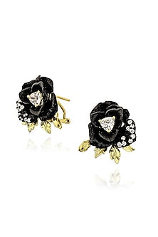 Gold Finish Cubic Zirconia & White Stone Enameled Floral Stud Earrings In Sterling Silver
