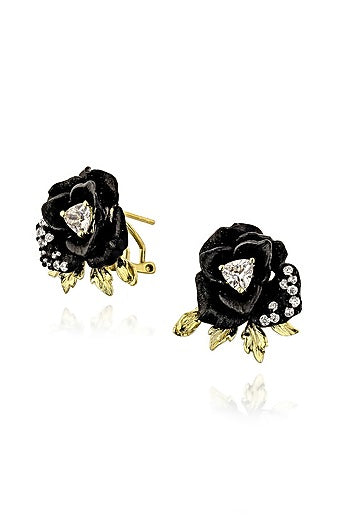 Gold Finish Cubic Zirconia & White Stone Enameled Floral Stud Earrings In Sterling Silver