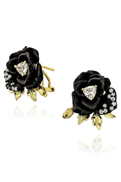 Gold Finish Cubic Zirconia & White Stone Enameled Floral Stud Earrings In Sterling Silver