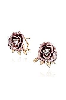 Rose Gold Finish Cubic Zirconia & Pink Stone Enameled Floral Stud Earrings In Sterling Silver