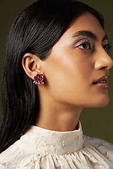 Gold Finish Cubic Zirconia & Red Stone Enameled Floral Stud Earrings In Sterling Silver