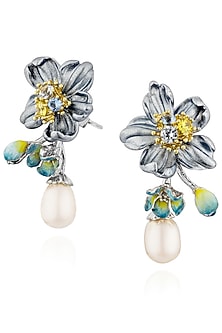 White Rhodium Finish Cubic Zirconia & White Stone Teardrop Stud Earrings In Sterling Silver