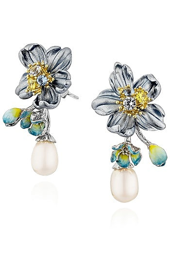 White Rhodium Finish Cubic Zirconia & White Stone Teardrop Stud Earrings In Sterling Silver