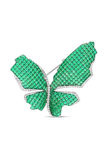 White Rhodium Finish Emerald Green Spinel Stone Butterfly Brooch In Sterling silver
