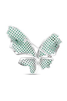 White Rhodium Finish Emerald Green Spinel Stone Butterfly Brooch In Sterling silver