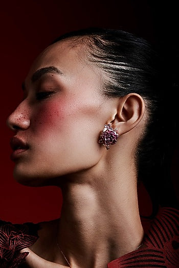 Rose Gold Finish Cubic Zirconia & Pink Stone Floral Stud Earrings In Sterling Silver