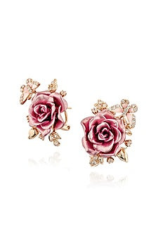 Rose Gold Finish Cubic Zirconia & Pink Stone Floral Stud Earrings In Sterling Silver