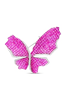 White Rhodium Finish Ruby Spinel Stone Butterfly Brooch In Sterling silver