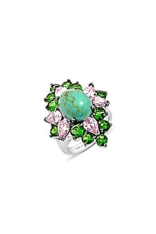 White Rhodium Finish Cubic Zirconia Crystal & Turquoise Stone Floral Ring In Sterling Silver