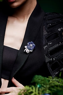 White Rhodium Finish Sapphire Spinel Stone Floral Brooch In Sterling Silver