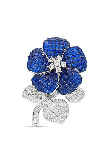 White Rhodium Finish Sapphire Spinel Stone Floral Brooch In Sterling Silver