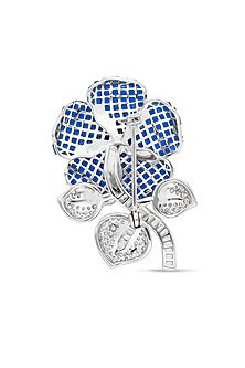 White Rhodium Finish Sapphire Spinel Stone Floral Brooch In Sterling Silver