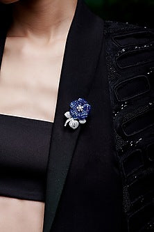 White Rhodium Finish Sapphire Spinel Stone Floral Brooch In Sterling Silver