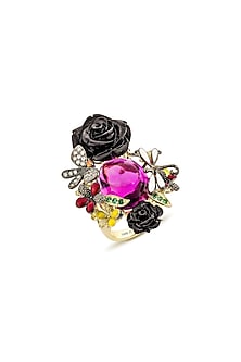 Gold Finish Cubic Zirconia Crystal & Pink Stone Floral Ring In Sterling Silver