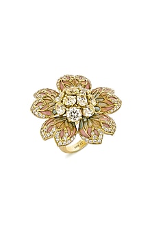 Gold Finish Cubic Zirconia Crystal & Canary Stone Floral Ring In Sterling Silver