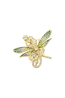 Gold Finish Cubic Zirconia Crystal & Canary Stone Dragonfly Wing Ring In Sterling Silver