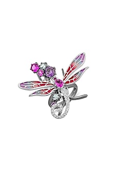 White Rhodium Finish Cubic Zirconia Crystal & Pink Stone Dragonfly Wing Ring In Sterling Silver