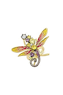 Gold Finish Cubic Zirconia Crystal & Yellow Stone Dragonfly Wing Ring In Sterling Silver