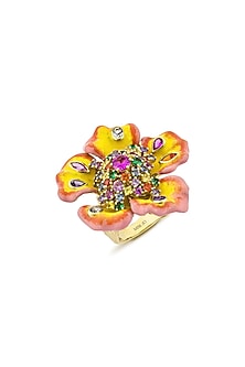 Gold Finish Cubic Zirconia Crystal Enameled Floral Ring In Sterling Silver