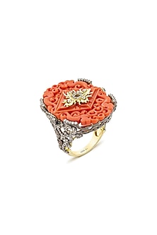 Gold Finish Cubic Zirconia Crystal & Coral Stone Ring In Sterling Silver