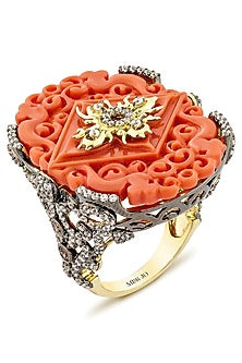 Gold Finish Cubic Zirconia Crystal & Coral Stone Ring In Sterling Silver