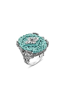 Gold Finish Cubic Zirconia Crystal & Turquoise Stone Ring In Sterling Silver