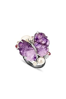 White Rhodium Finish Cubic Zirconia & Amethyst Stone Butterfly Ring In Sterling Silver