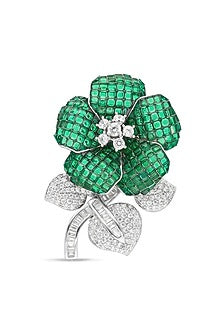 White Rhodium Finish Emerald Spinel Stone Floral Brooch In Sterling Silver