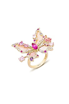 Gold Finish Cubic Zirconia & Pink Mother Of Pearl Butterfly Ring In Sterling Silver