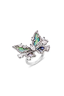 White Rhodium Finish Cubic Zirconia & Abalone Shell Butterfly Ring In Sterling Silver