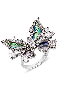 White Rhodium Finish Cubic Zirconia & Abalone Shell Butterfly Ring In Sterling Silver