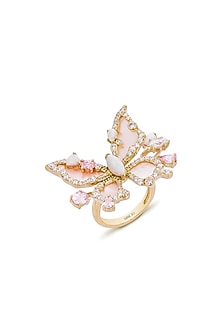 Gold Finish Cubic Zirconia & Pink Mother Of Pearl Butterfly Ring In Sterling Silver