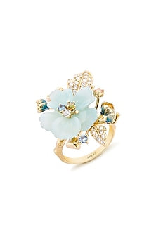 Gold Finish Cubic Zirconia & Blue Quartz Stone Floral Ring In Sterling Silver
