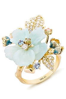 Gold Finish Cubic Zirconia & Blue Quartz Stone Floral Ring In Sterling Silver