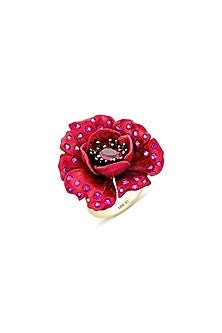 Gold Finish Cubic Zirconia & Red Stone Floral Ring In Sterling Silver