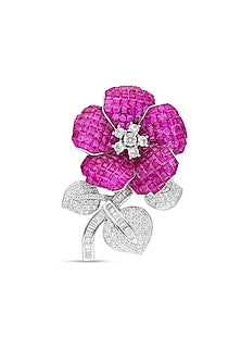 White Rhodium Finish Ruby Spinel Stone Floral Brooch In Sterling Silver