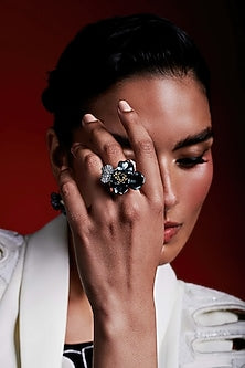 Gold Finish Cubic Zirconia & Black Stone Floral Ring In Sterling Silver