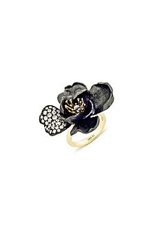 Gold Finish Cubic Zirconia & Black Stone Floral Ring In Sterling Silver