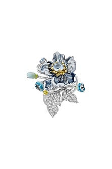 White Rhodium Finish Cubic Zirconia & Blue Topaz Stone Floral Ring In Sterling Silver