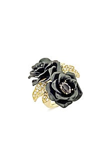 Gold Finish Cubic Zirconia & Black Stone Floral Ring In Sterling Silver