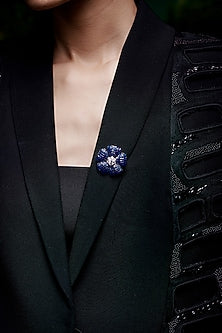 White Rhodium Finish Sapphire Spinel Stone Floral Brooch In Sterling Silver