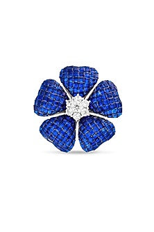 White Rhodium Finish Sapphire Spinel Stone Floral Brooch In Sterling Silver