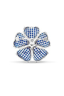 White Rhodium Finish Sapphire Spinel Stone Floral Brooch In Sterling Silver