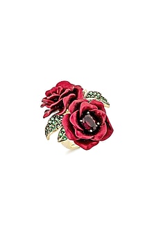 Gold Finish Cubic Zirconia & Red Stone Floral Ring In Sterling Silver