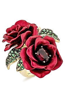 Gold Finish Cubic Zirconia & Red Stone Floral Ring In Sterling Silver