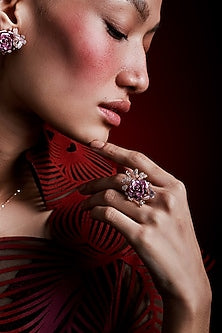 Rose Gold Finish Cubic Zirconia & Pink Stone Floral Ring In Sterling Silver