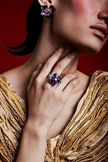 Gold Finish Cubic Zirconia & Purple Stone Floral Ring In Sterling Silver