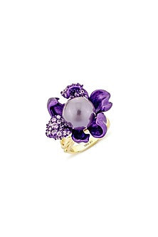 Gold Finish Cubic Zirconia & Purple Stone Floral Ring In Sterling Silver